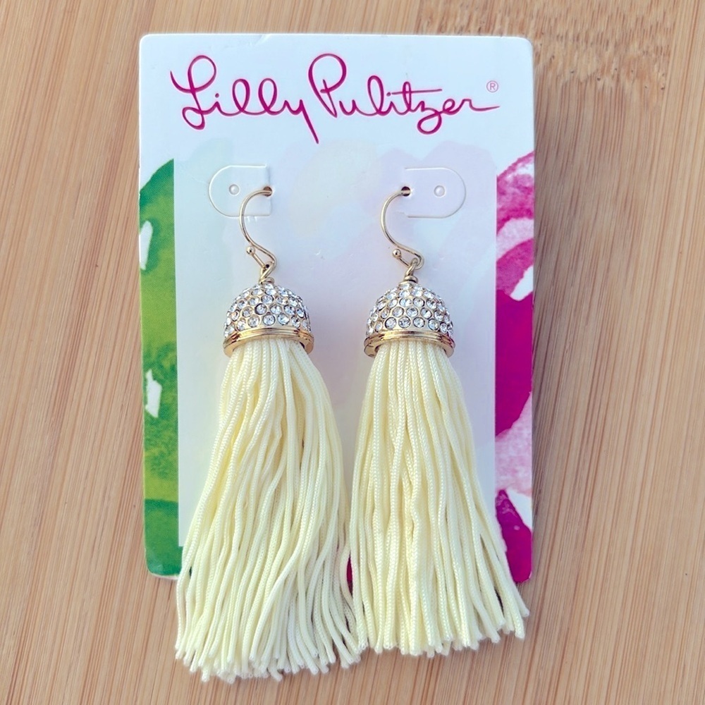 Brand New Lilly Pulitzer Resort White Tassel Earrings Gold Tone Rhinestone Drop - Picture 4 of 12